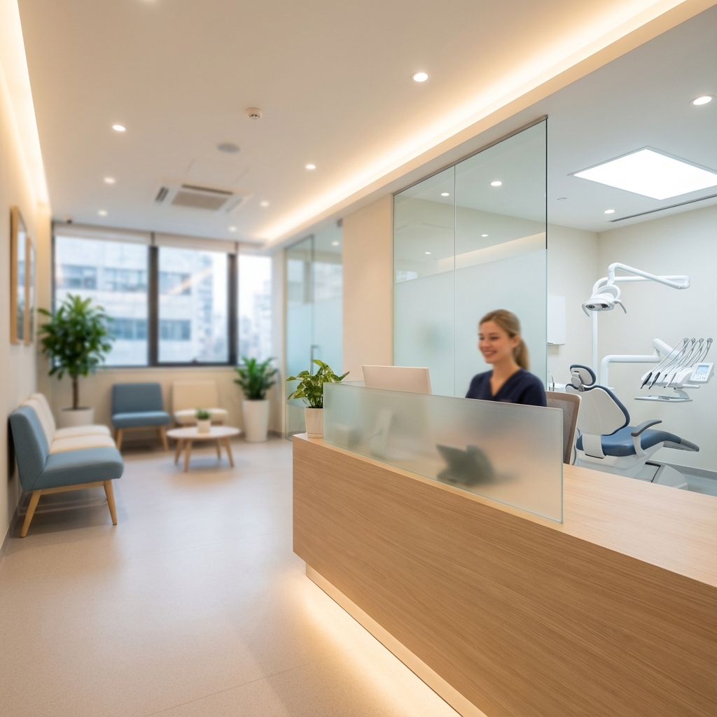 Modern dental clinic interior with comfortable seating and professional equipment